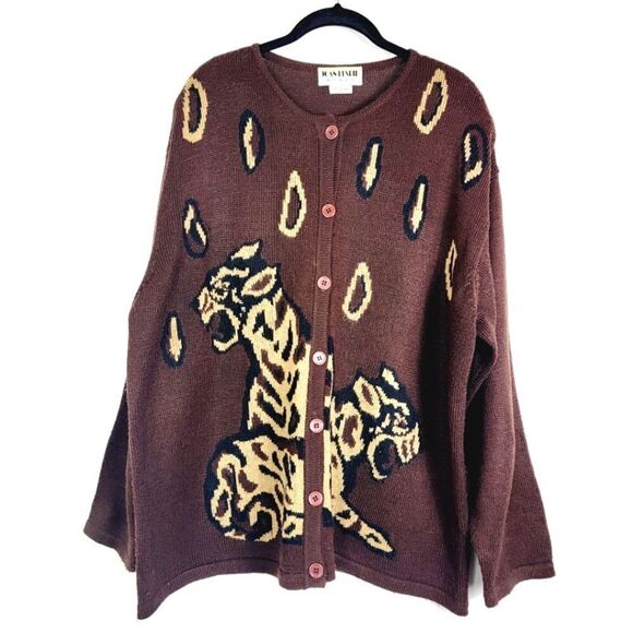 Vintage Joan Leslie Tiger Motif Brown Button Down Cardigan Size 2X - Picture 1 of 6